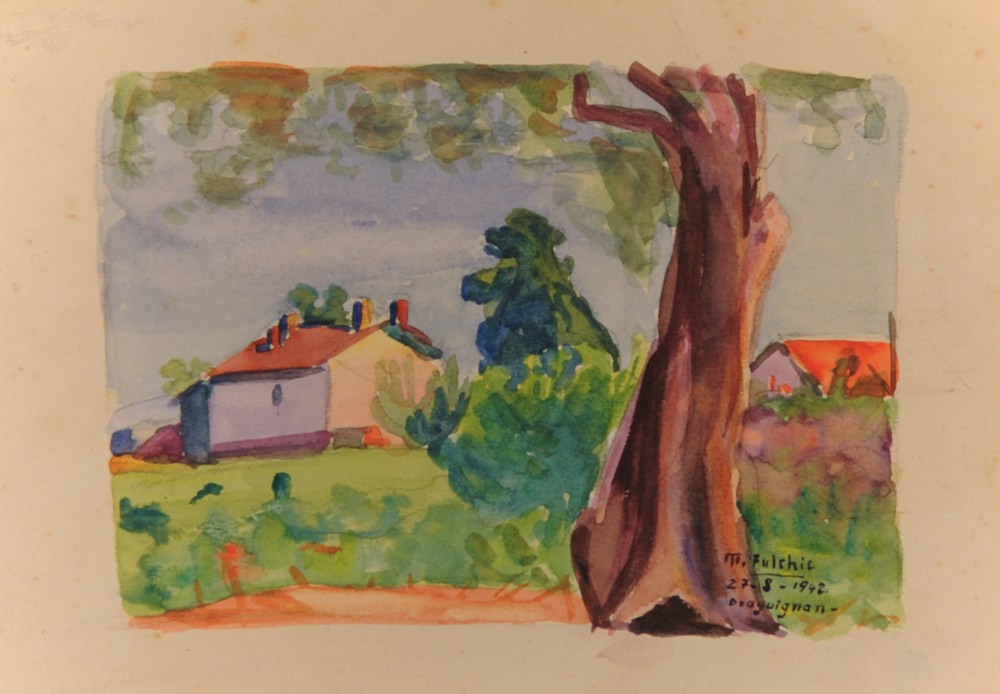 Marie Valade (sign&eacute; M. Fulchic en bas &agrave; droite), sans titre (Draguignan), 27 ao&ucirc;t 1942 - aquarelle sur papier 18x26 cm