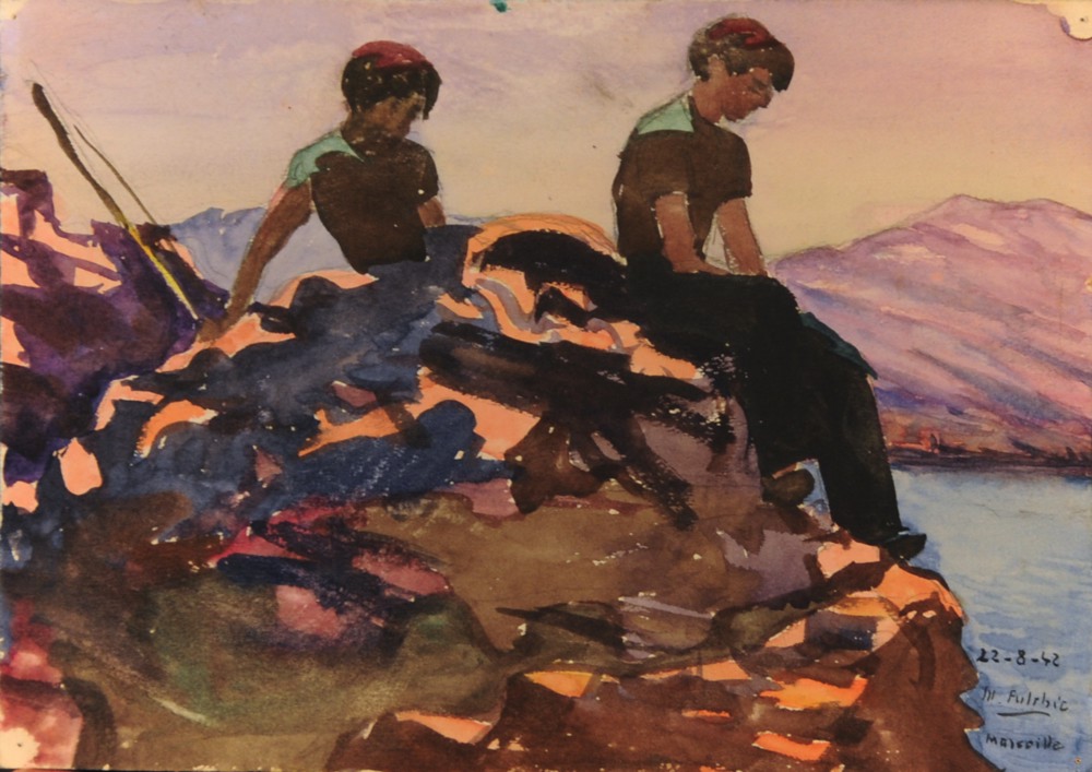Marie Valade (sign&eacute; M. Fulchic en bas &agrave; droite), sans titre (Marseille), 22 ao&ucirc;t 1942 - aquarelle sur papier 10x27 cm
