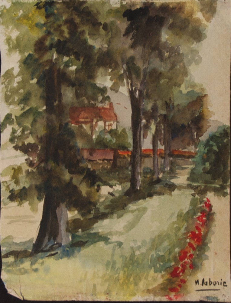 Marie Valade (sign&eacute; M. Laborie en bas &agrave; droite), &ldquo;Ecole Normale, Jour de d&eacute;part, Terrain de basket&rdquo;, 16 juin 1940 - aquarelle 32x24 cm