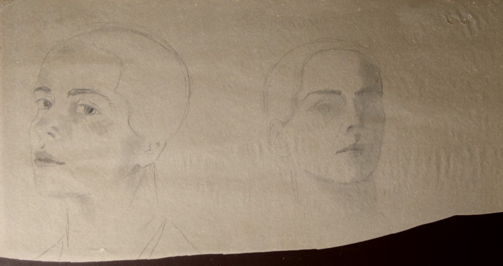 Marie Valade (non sign&eacute;), sans titre (autoportrait), ca.1960 - mine de plomb sur calque 28x54 cm