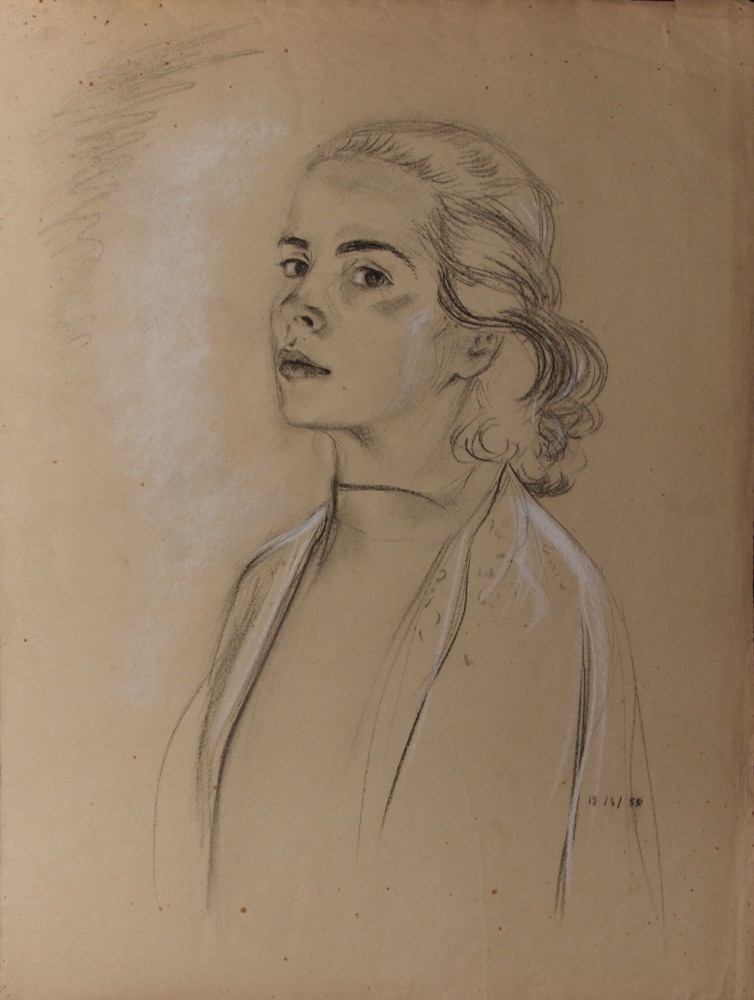 Marie Valade (non sign&eacute;), sans titre (autoportrait), 19 mars 1950 - fusain sur papier 63x48 cm