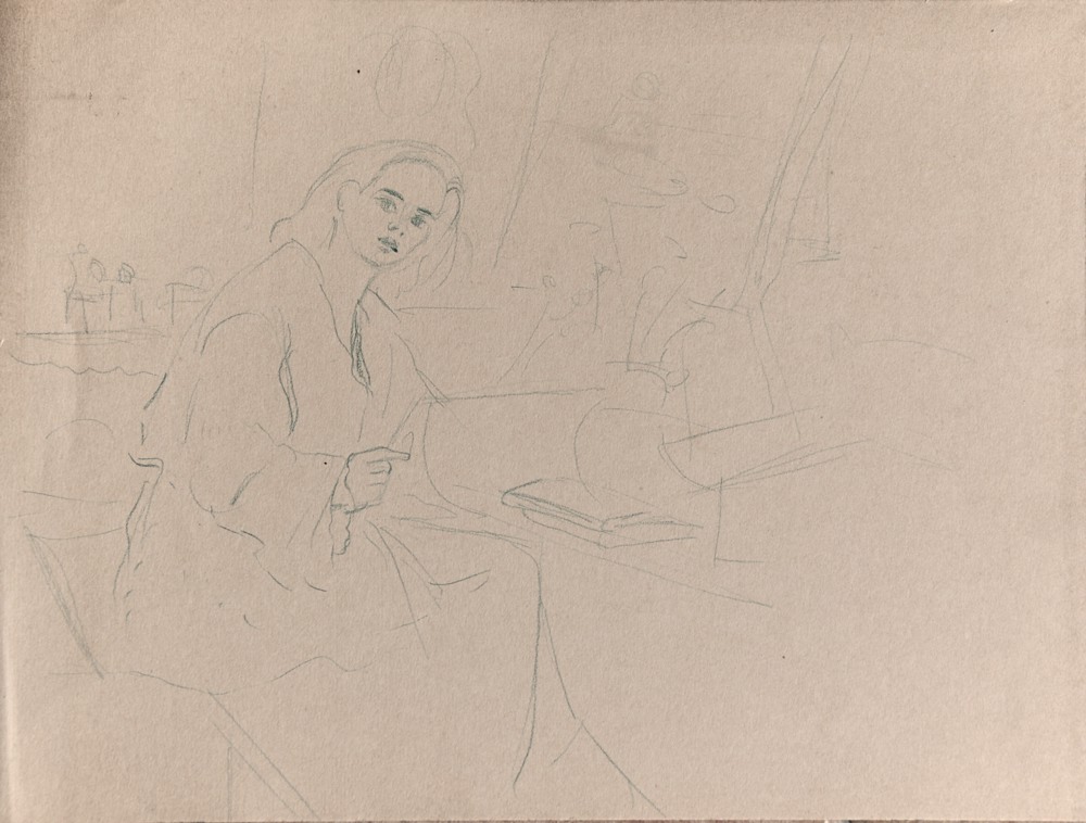 Marie Valade (non sign&eacute;), sans titre (autoportrait), ca.1945 - mine de plomb sur papier 26x35 cm