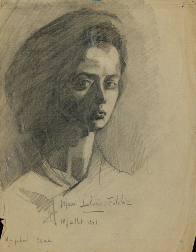 Marie Valade (sign&eacute; Marie Laborie-Fulchic en bas au centre), &ldquo;Mon Portrait, 30 min&rdquo; (autoportrait), 18 juillet 1941 - mine de plomb sur papier 27x21 cm