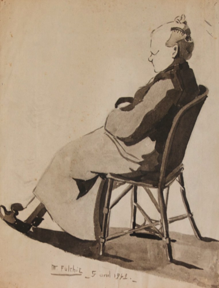 Marie Valade (sign&eacute; M. Fulchic en bas &agrave; gauche), sans titre (portrait de la grand&rsquo;m&egrave;re de l&rsquo;artiste), Sainte Livrade le 5 avril 1942 - lavis sur papier 32x24 cm