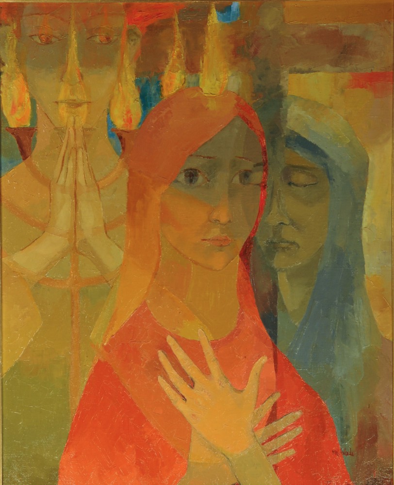 Marie Valade (sign&eacute; en bas &agrave; droite) &ldquo;...et l&rsquo;ange la quitta&rdquo;, 13 juin 1968 - huile sur toile 82x66 cm