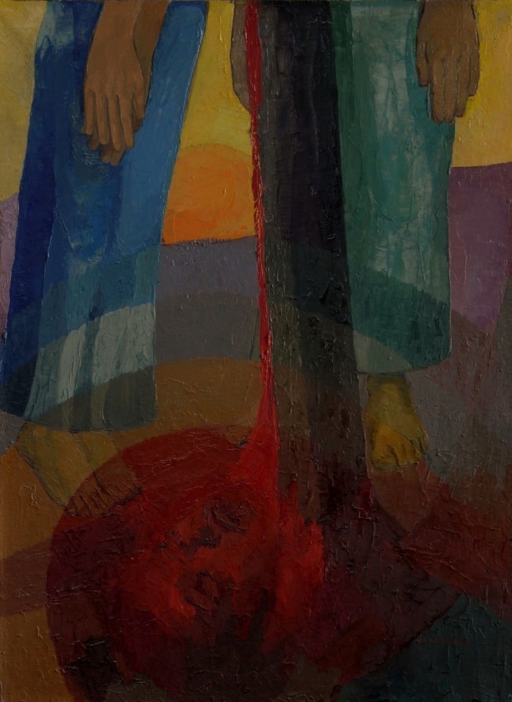 Marie Valade (sign&eacute; en bas &agrave; droite) &ldquo;Cinqui&egrave;me myst&egrave;re douloureux, le feu sur la terre&rdquo;, f&eacute;v. 1969 - huile sur toile 81x60 cm
